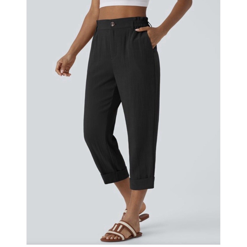Halara High Waisted Zipper Pocket Cropped Linen-Feel Pants Black SZ XS New